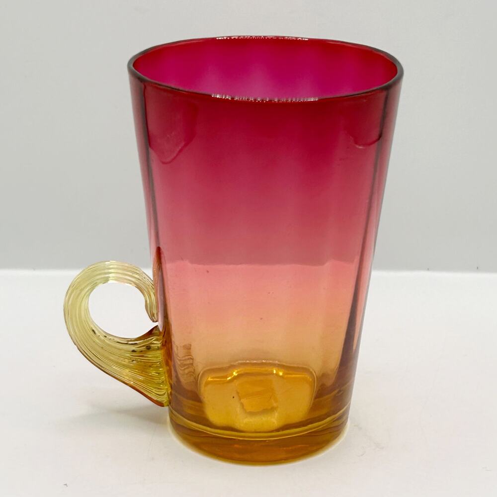 Antique Victorian Amberina Glass Panel Optic Lemonade Glass Reeded Handle 1800s